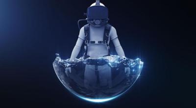 The Raytracer Pilot System Design depicts an astronaut immersed in water while wearing Raytracer’s Titan Lake virtual reality headset.