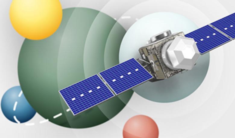 Drawing of a sattelite with planets behind it