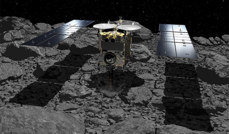 Hayabusa2 illustration showing touchdown on the asteroid Ryugu.