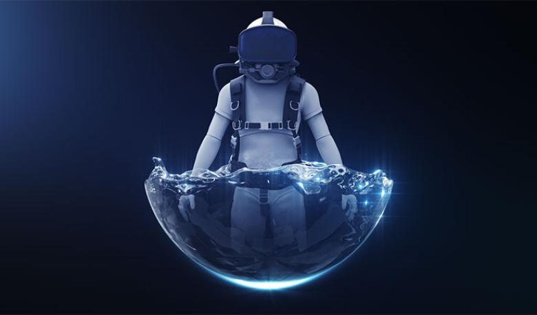 The Raytracer Pilot System Design depicts an astronaut immersed in water while wearing Raytracer’s Titan Lake virtual reality headset.