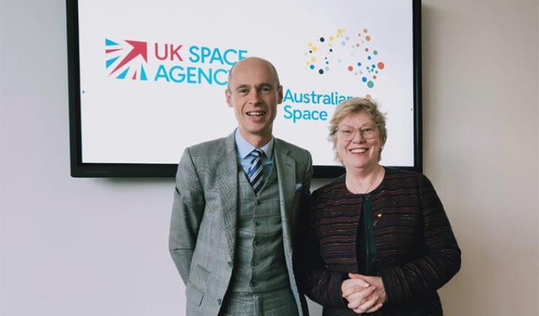 Photo of UK and Australian Space Agency heads. Dr Graham Turnock, CEO UK Space Agency and Dr Megan Clark AC, Head of the Australian Space Agency.