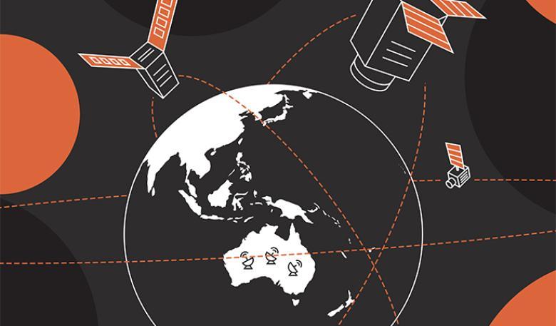 Image from cover of the Earth Observation from Space roadmap showing an illustration of the earth with telescopes pointed at satellites.