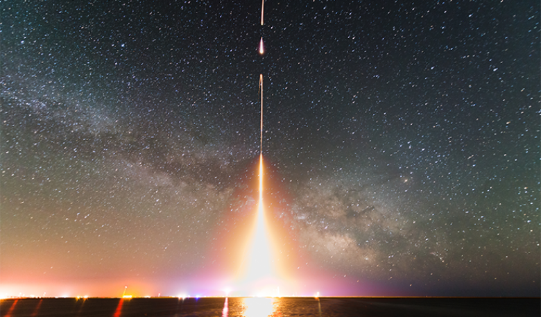 A time-lapse photograph of a rocket launch.