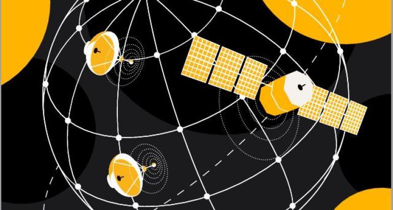 Graphic representation of a satellite orbiting a planet communicating to ground stations.