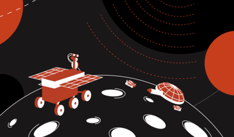 Image from cover of the Robotics and Automation roadmap showing an illustration of the lunar surface with multiple rovers and Earth in the distance. 