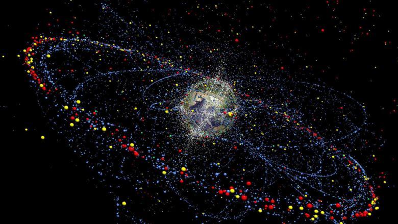 A graphic shows many pieces of space debris in orbit around the Earth.