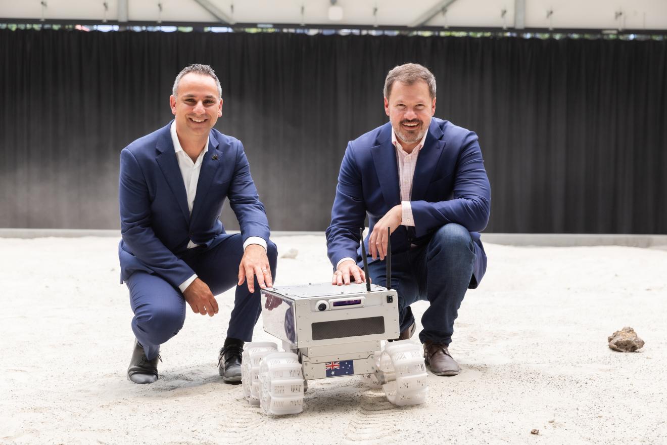 Minister for Industry and Science, Ed Husic and Head of the Australian Space Agency, Enrico Palermo posing with Roo-ver, Australia's first lunar rover