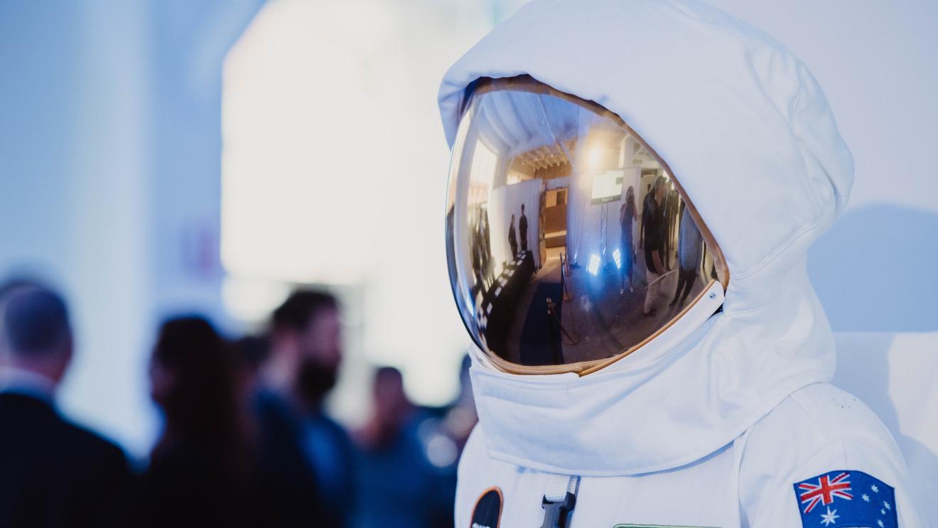 A headshot of an astronaut costume