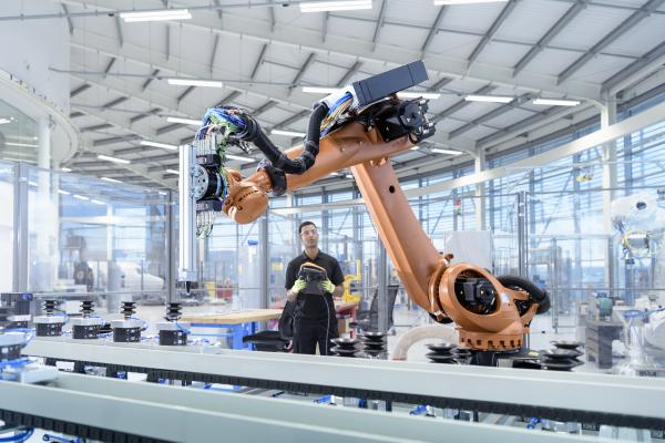 Person holding controller next to robotic arm