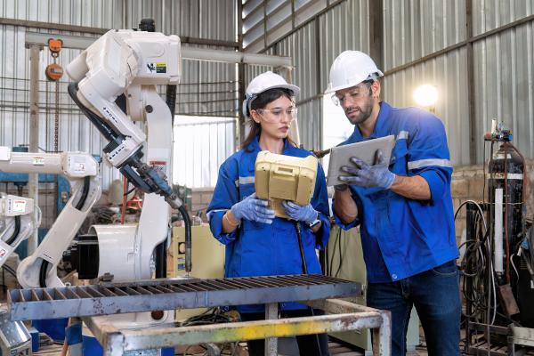 Two people working on robotic arm