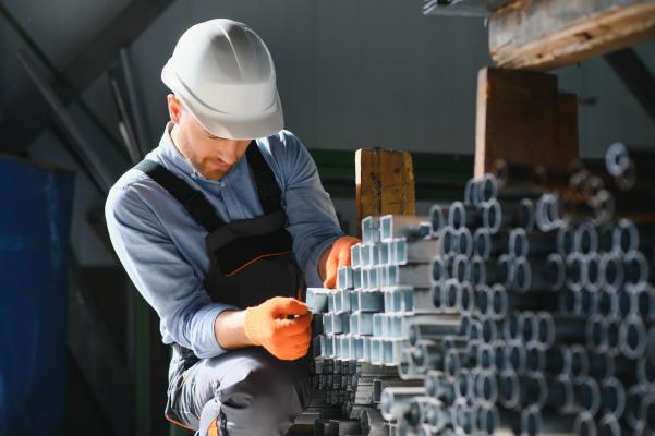 Person in hardhat inspects metal tubes