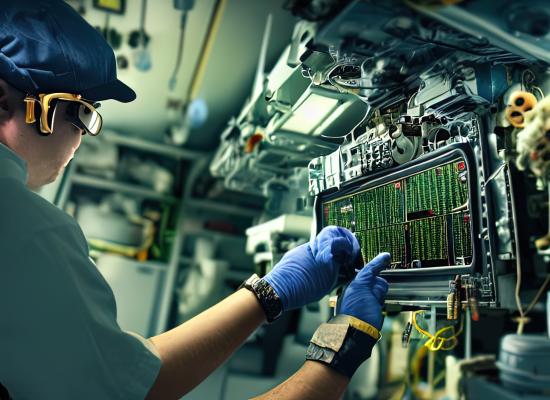 avionics technician wearing gloves accesses circuit board