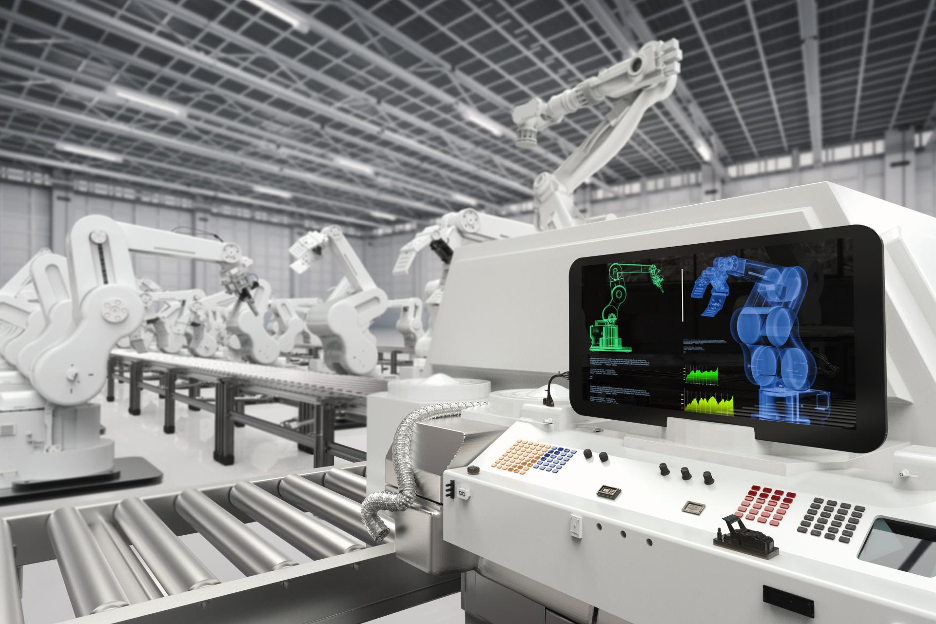 Robotic manufacturing line with robotic arms and control console showing position of arms