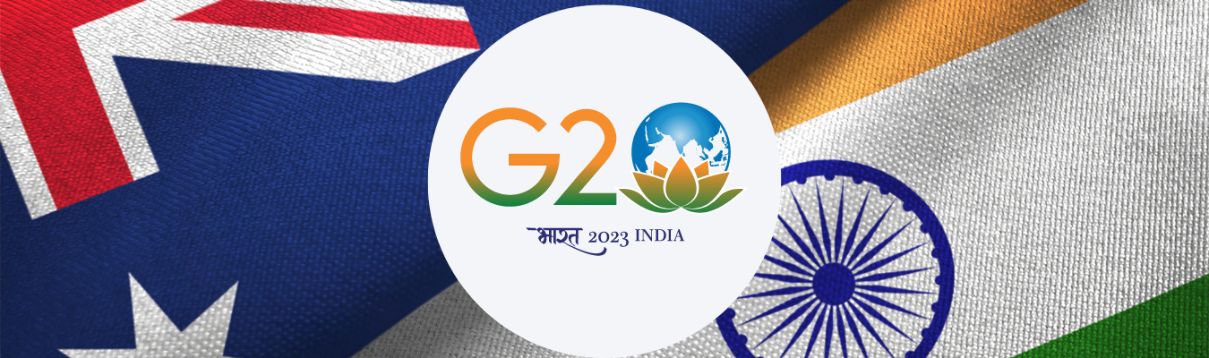 The G20 logo sitting atop the Australian and Indian flags.