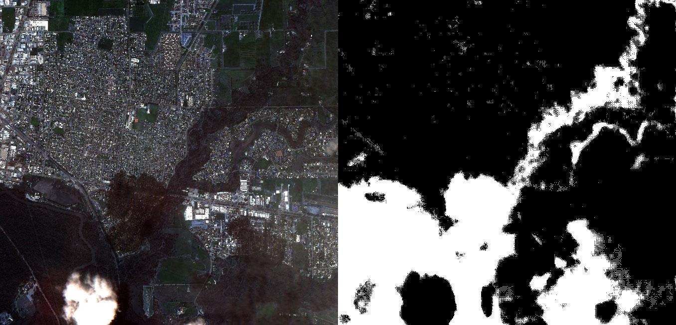 A side-by-side comparison between an original satellite image of a city (left), and a version processed by the SE-1 in orbit to highlight flood areas (right).