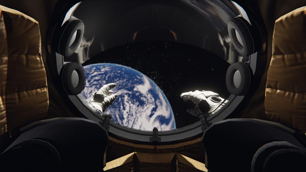 First-person virtual reality view of the headset wearer, with the Earth and the astronaut’s gloved hands shown outside the astronaut’s helmet window.