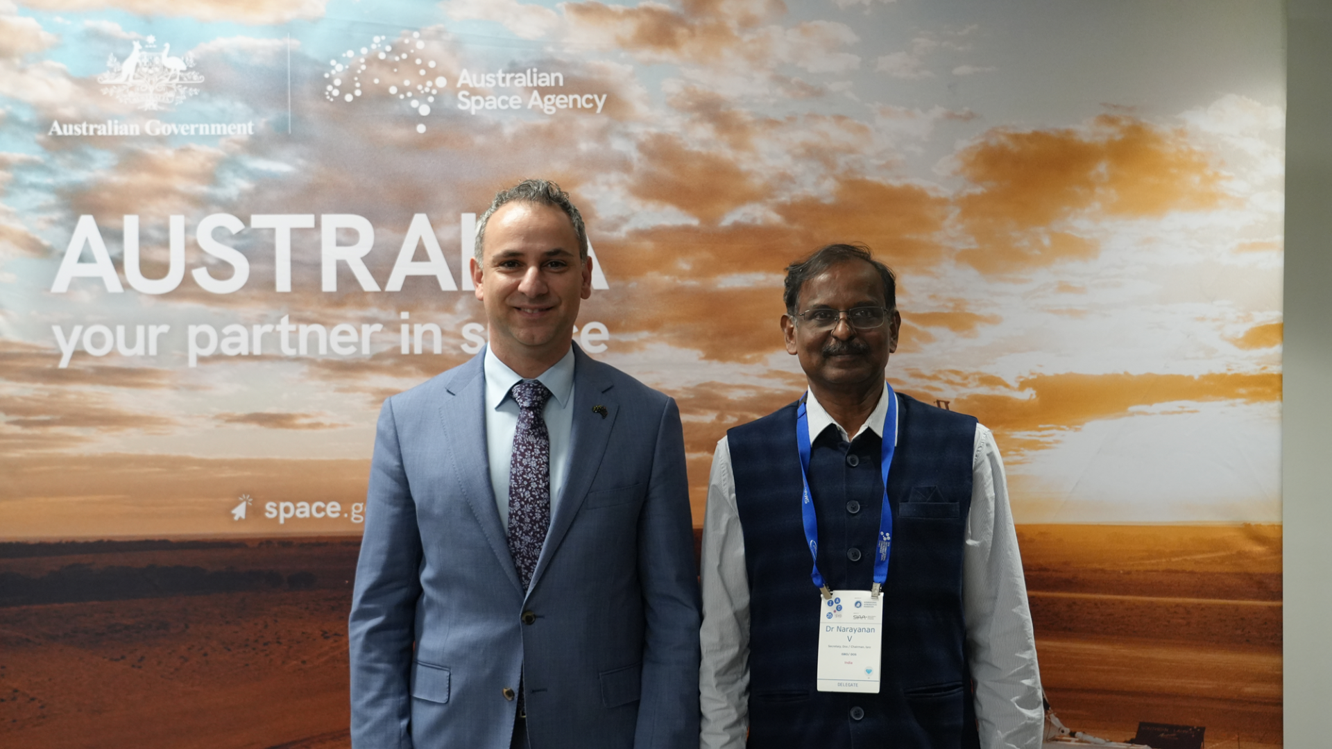Pictured above: Head of the Australian Space Agency Enrico Palermo and Dr. V. Narayanan, Chairman of the Indian Space Research Organisation.